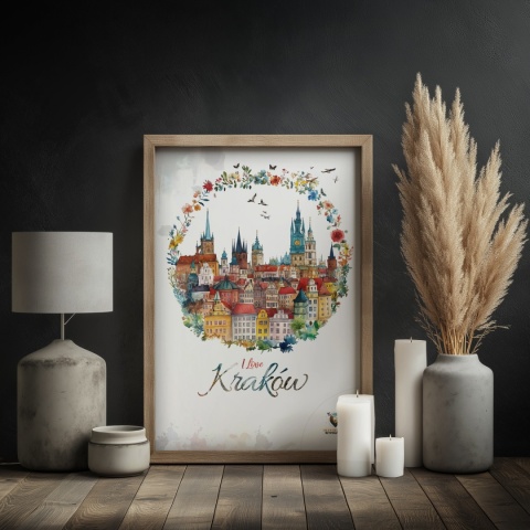 Plakat architektoniczny Format A2 – „Kraków, odbicie myśli” – nastrojowa panorama miasta w ciepłych tonacjach