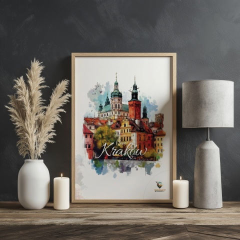 Plakat architektoniczny – „Kraków, puls ukryty w murach” – nastrojowa panorama o miękkich liniach