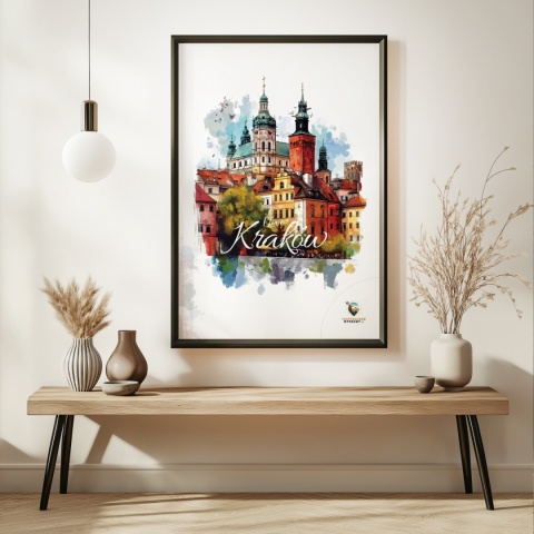 Plakat architektoniczny – „Kraków, puls ukryty w murach” – nastrojowa panorama o miękkich liniach