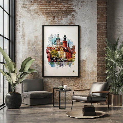 Plakat architektoniczny – „Kraków, puls ukryty w murach” – nastrojowa panorama o miękkich liniach
