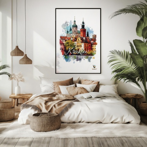 Plakat architektoniczny – „Kraków, puls ukryty w murach” – nastrojowa panorama o miękkich liniach