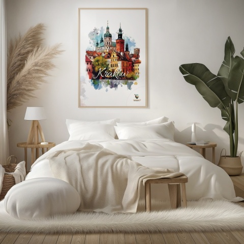 Plakat architektoniczny – „Kraków, puls ukryty w murach” – nastrojowa panorama o miękkich liniach