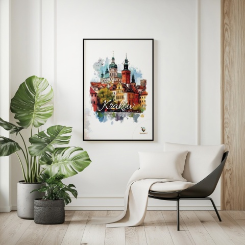 Plakat architektoniczny – „Kraków, puls ukryty w murach” – nastrojowa panorama o miękkich liniach