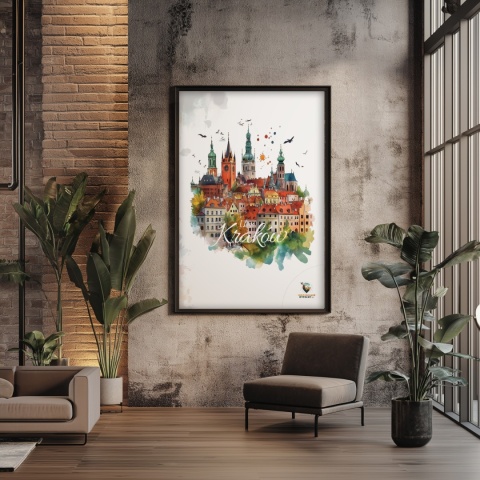 Plakat architektoniczny – „Kraków, puls ukryty w murach” – nastrojowa panorama o miękkich liniach
