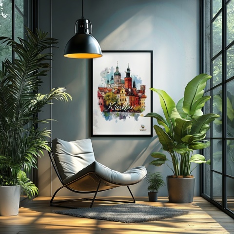Plakat architektoniczny – „Kraków, puls ukryty w murach” – nastrojowa panorama o miękkich liniach