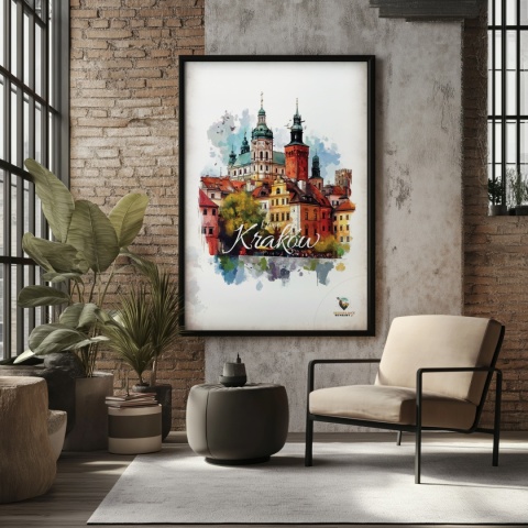 Plakat architektoniczny – „Kraków, puls ukryty w murach” – nastrojowa panorama o miękkich liniach