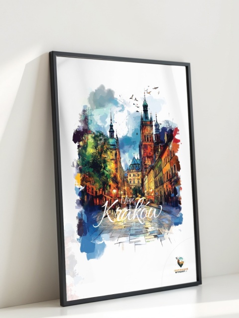 Plakat architektoniczny– „Kraków, blask nowego dnia” – minimalistyczna panorama miejska w świetle poranka