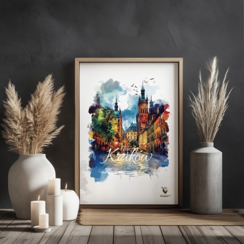 Plakat architektoniczny– „Kraków, blask nowego dnia” – minimalistyczna panorama miejska w świetle poranka