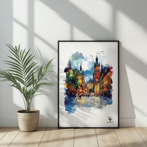 Plakat architektoniczny– „Kraków, blask nowego dnia” – minimalistyczna panorama miejska w świetle poranka