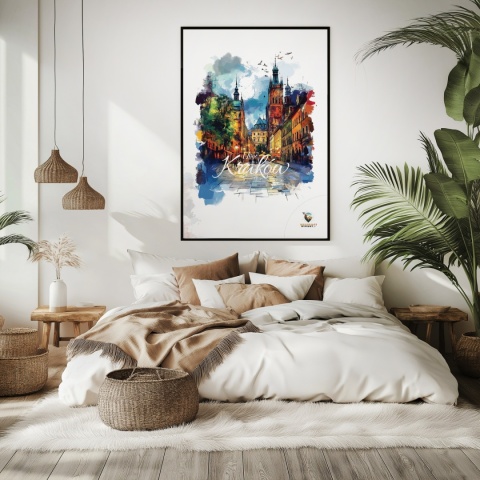Plakat architektoniczny– „Kraków, blask nowego dnia” – minimalistyczna panorama miejska w świetle poranka