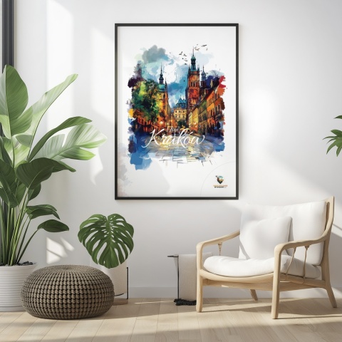 Plakat architektoniczny– „Kraków, blask nowego dnia” – minimalistyczna panorama miejska w świetle poranka