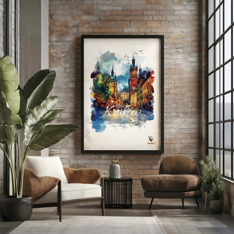 Plakat architektoniczny– „Kraków, blask nowego dnia” – minimalistyczna panorama miejska w świetle poranka