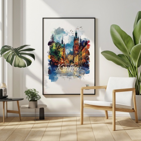 Plakat architektoniczny– „Kraków, blask nowego dnia” – minimalistyczna panorama miejska w świetle poranka