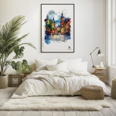 Plakat architektoniczny– „Kraków, blask nowego dnia” – minimalistyczna panorama miejska w świetle poranka