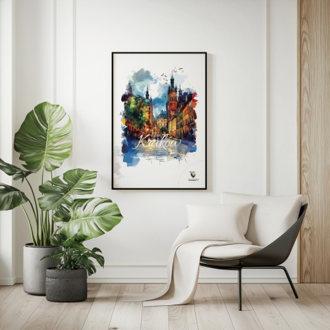 Plakat architektoniczny– „Kraków, blask nowego dnia” – minimalistyczna panorama miejska w świetle poranka