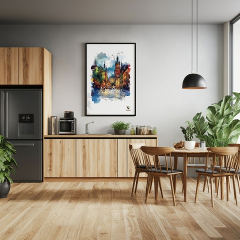 Plakat architektoniczny– „Kraków, blask nowego dnia” – minimalistyczna panorama miejska w świetle poranka