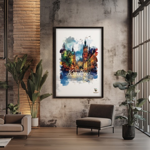 Plakat architektoniczny– „Kraków, blask nowego dnia” – minimalistyczna panorama miejska w świetle poranka