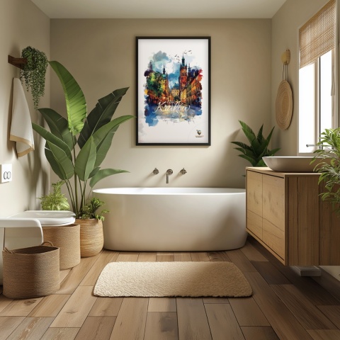 Plakat architektoniczny– „Kraków, blask nowego dnia” – minimalistyczna panorama miejska w świetle poranka