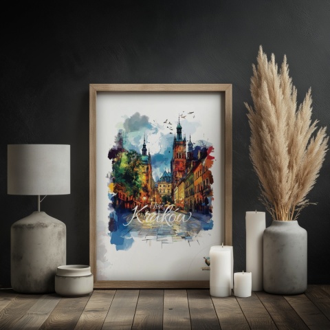 Plakat architektoniczny– „Kraków, blask nowego dnia” – minimalistyczna panorama miejska w świetle poranka