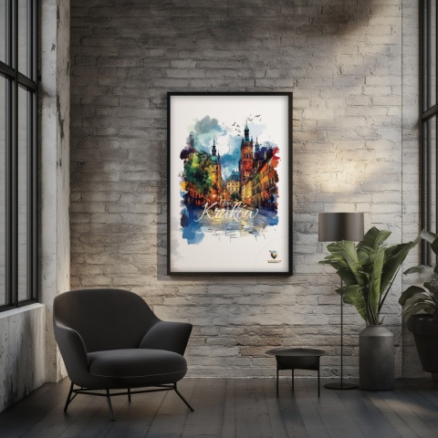 Plakat architektoniczny– „Kraków, blask nowego dnia” – minimalistyczna panorama miejska w świetle poranka