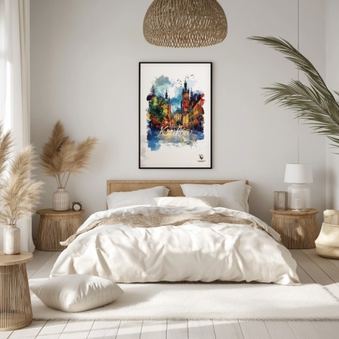 Plakat architektoniczny– „Kraków, blask nowego dnia” – minimalistyczna panorama miejska w świetle poranka