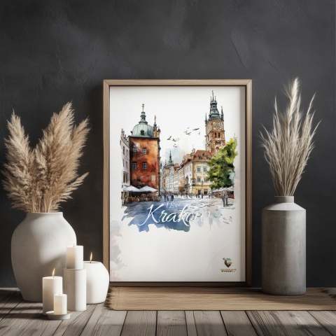 Plakat artystyczny  – „Kraków, linia oddechu” – kolorowa panorama miejskiej zabudowy