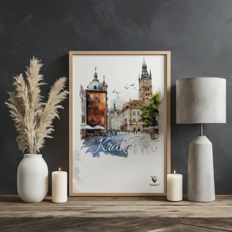 Plakat artystyczny  – „Kraków, linia oddechu” – kolorowa panorama miejskiej zabudowy