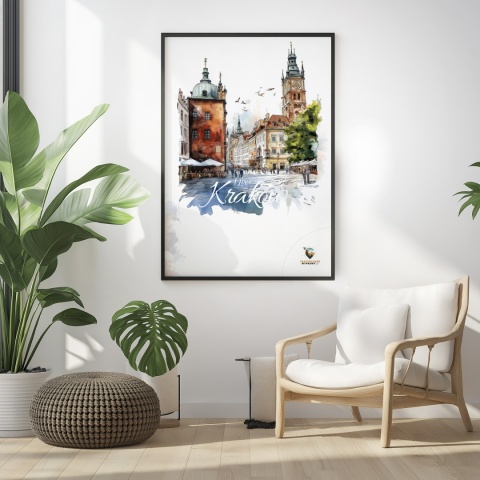 Plakat artystyczny  – „Kraków, linia oddechu” – kolorowa panorama miejskiej zabudowy