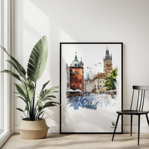Plakat artystyczny  – „Kraków, linia oddechu” – kolorowa panorama miejskiej zabudowy