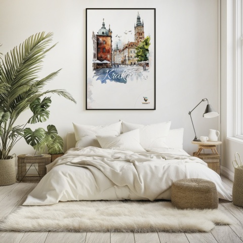 Plakat artystyczny  – „Kraków, linia oddechu” – kolorowa panorama miejskiej zabudowy