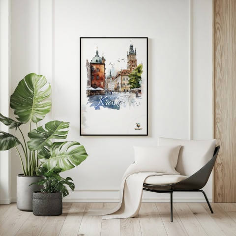 Plakat artystyczny  – „Kraków, linia oddechu” – kolorowa panorama miejskiej zabudowy