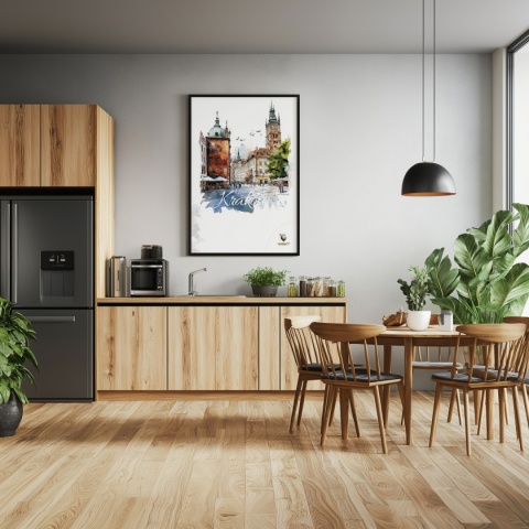 Plakat artystyczny  – „Kraków, linia oddechu” – kolorowa panorama miejskiej zabudowy