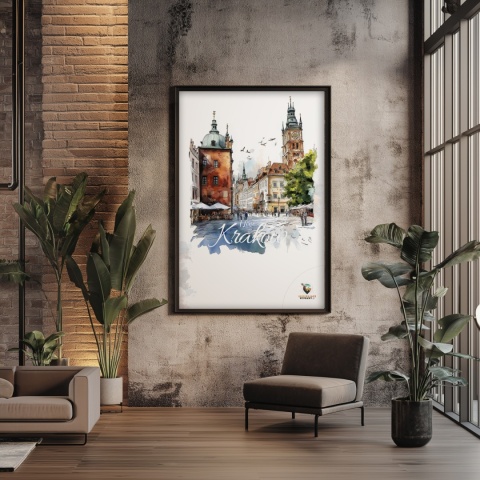 Plakat artystyczny  – „Kraków, linia oddechu” – kolorowa panorama miejskiej zabudowy