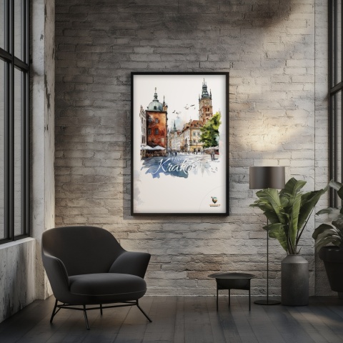 Plakat artystyczny  – „Kraków, linia oddechu” – kolorowa panorama miejskiej zabudowy