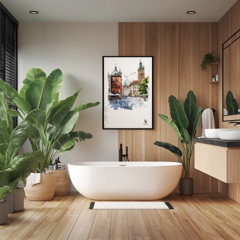 Plakat artystyczny  – „Kraków, linia oddechu” – kolorowa panorama miejskiej zabudowy