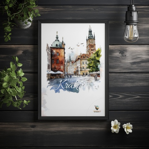 Plakat artystyczny  – „Kraków, linia oddechu” – kolorowa panorama miejskiej zabudowy