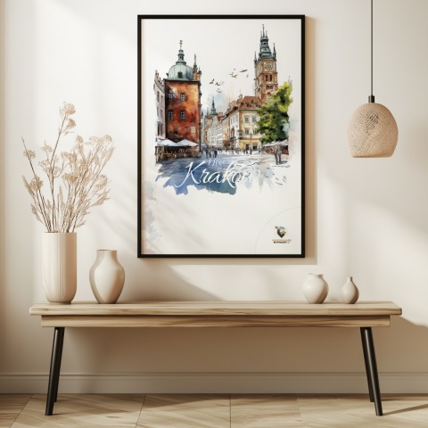 Plakat artystyczny  – „Kraków, linia oddechu” – kolorowa panorama miejskiej zabudowy