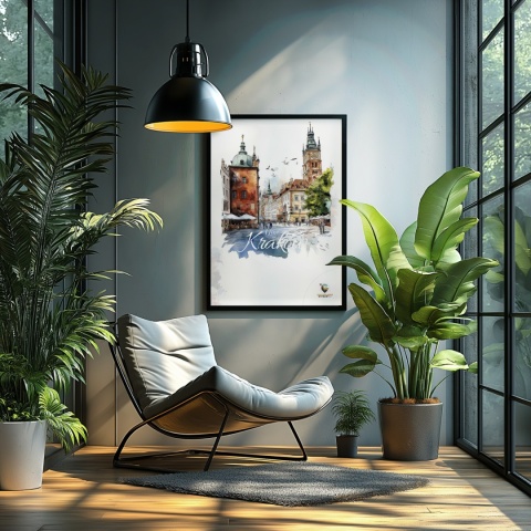 Plakat artystyczny  – „Kraków, linia oddechu” – kolorowa panorama miejskiej zabudowy