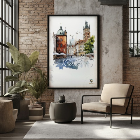 Plakat artystyczny  – „Kraków, linia oddechu” – kolorowa panorama miejskiej zabudowy