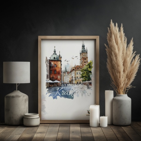 Plakat artystyczny  – „Kraków, linia oddechu” – kolorowa panorama miejskiej zabudowy
