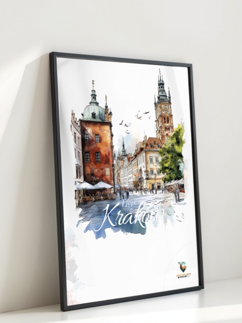 Plakat artystyczny  – „Kraków, linia oddechu” – kolorowa panorama miejskiej zabudowy