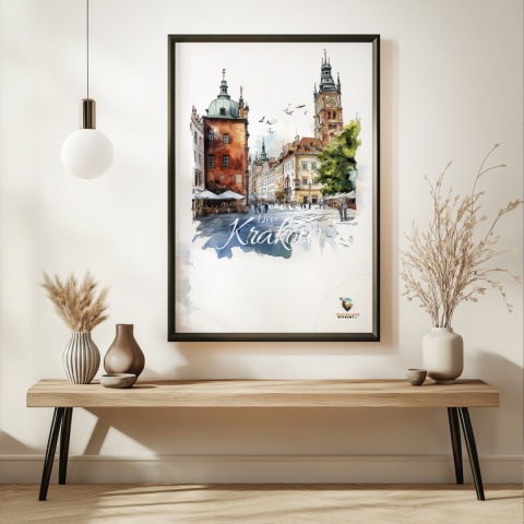 Plakat artystyczny  – „Kraków, linia oddechu” – kolorowa panorama miejskiej zabudowy