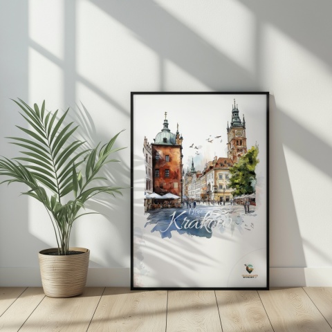 Plakat artystyczny  – „Kraków, linia oddechu” – kolorowa panorama miejskiej zabudowy
