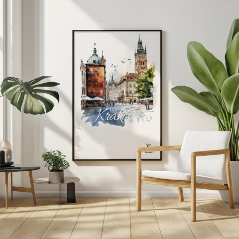 Plakat artystyczny  – „Kraków, linia oddechu” – kolorowa panorama miejskiej zabudowy