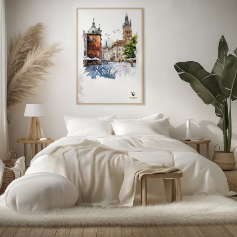 Plakat artystyczny  – „Kraków, linia oddechu” – kolorowa panorama miejskiej zabudowy