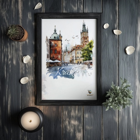 Plakat artystyczny  – „Kraków, linia oddechu” – kolorowa panorama miejskiej zabudowy