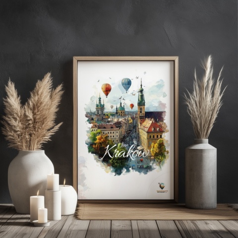 Plakat architektoniczny – „Kraków, w świetle uniesienia” – kolorowa panorama miejskiej zabudowy