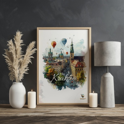 Plakat architektoniczny – „Kraków, w świetle uniesienia” – kolorowa panorama miejskiej zabudowy