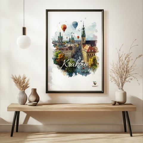 Plakat architektoniczny – „Kraków, w świetle uniesienia” – kolorowa panorama miejskiej zabudowy