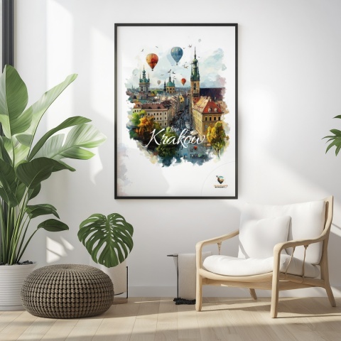 Plakat architektoniczny – „Kraków, w świetle uniesienia” – kolorowa panorama miejskiej zabudowy